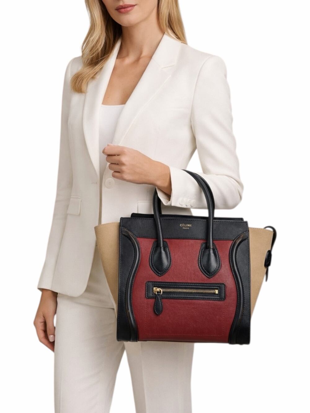 Celine Tricolor Mini Luggage Tote Bag Calf Leather Suede Rust Red Black